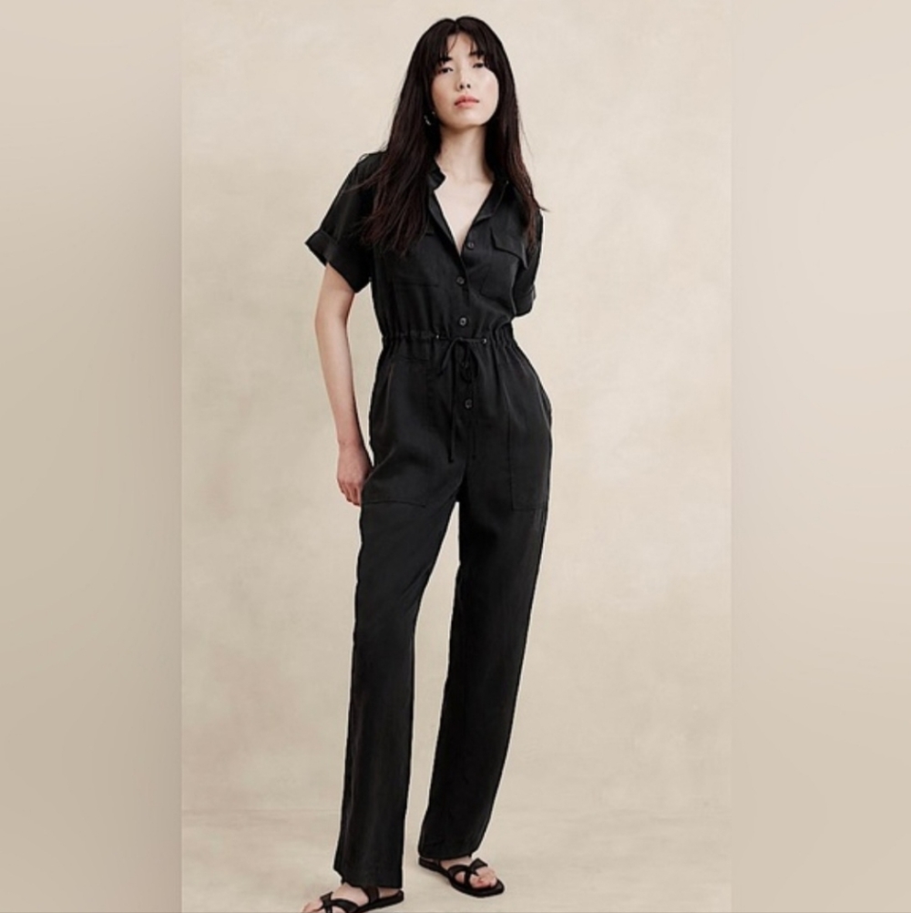 Banana Republic Factory Black Short-Sleeve Utility Jumpsuit